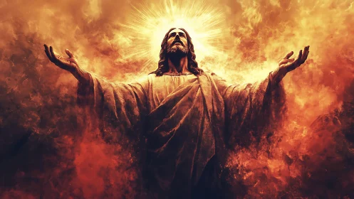 Radiant robed figure rises within blazing celestial light