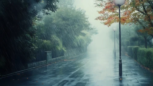 Foggy rainy avenue with autumn trees and wet lampposts.