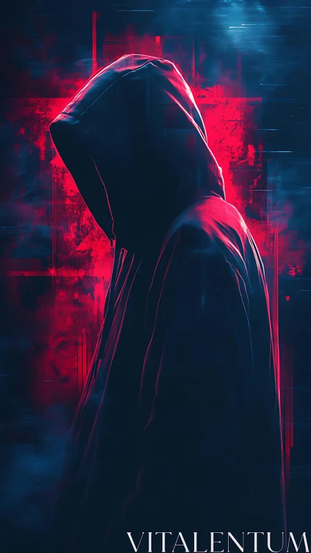 Shrouded hooded figure in neon red and cyan haze.