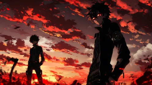 Dark anime warriors confront a burning crimson sunset sky