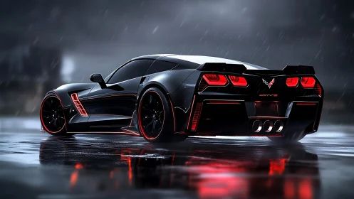 Rain-soaked black sports coupe with neon red aerodynamic accents.