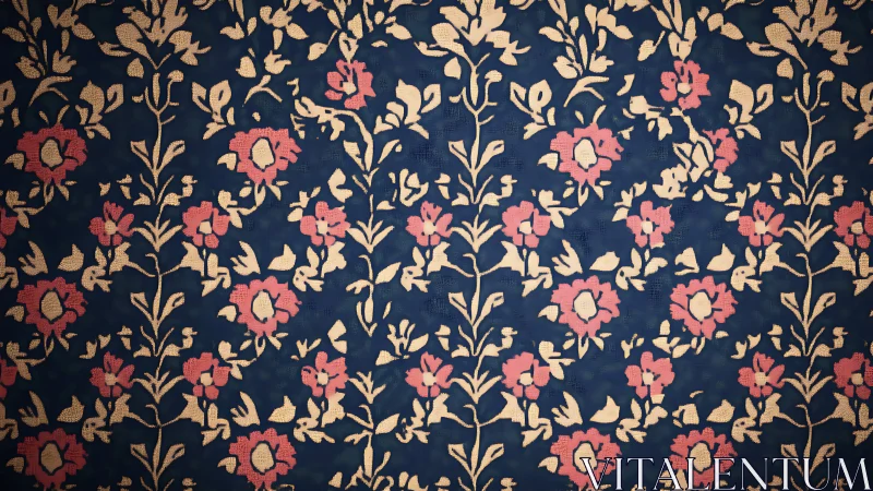 Floral textile pattern repeats across woven blue background