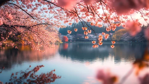 Blush-kissed cherry blossoms cradling a dreamlit lakeshore.