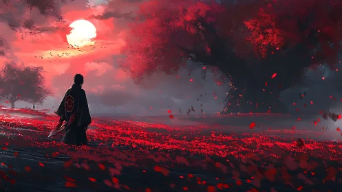 Lone warrior crossing crimson field under burning dusk sky.