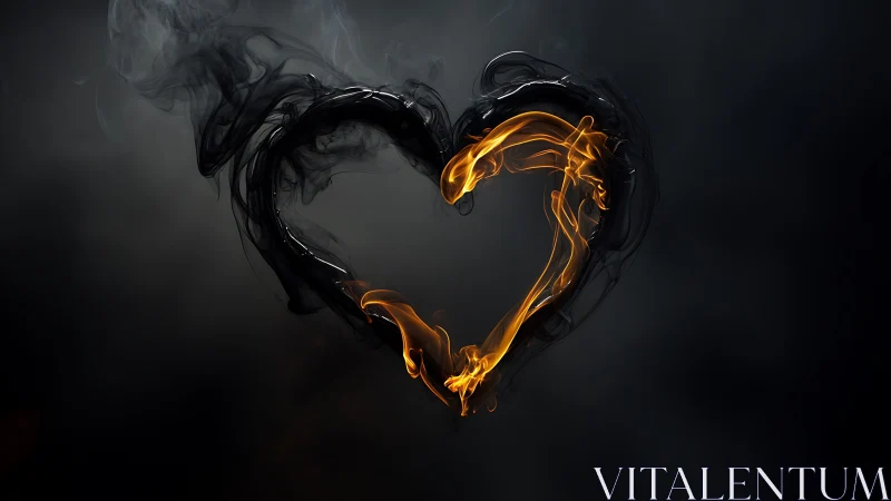 Fire and Smoke Heart Shape Against Dark Background.