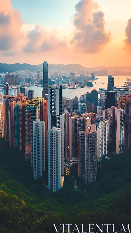 Vertical city skyline rises above bay at vivid sunset.