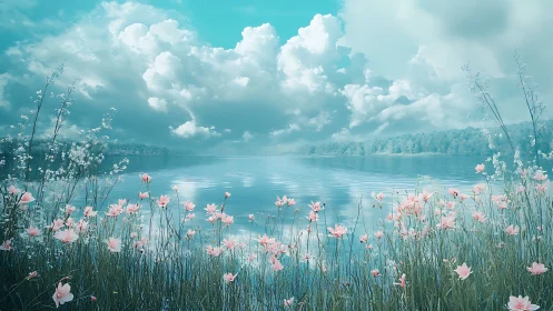 Lake shoreline with pink wildflowers under cumulus clouds.