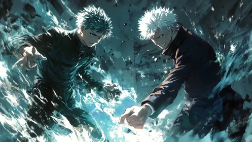 Two anime fighters unleash energy attacks in turbulent water