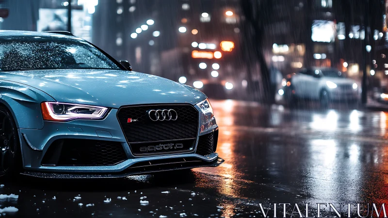 Sport sedan cuts wet neon city street under rainfall.