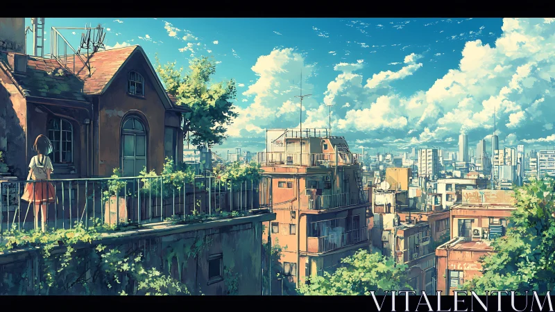 Warm rooftop morning overlooks a peaceful sunlit cityscape