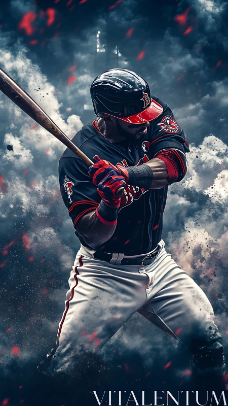 Power hitter poised in swirling stadium fireworks scene.