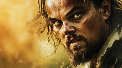 Scarred bearded man glares intensely in golden backlight.