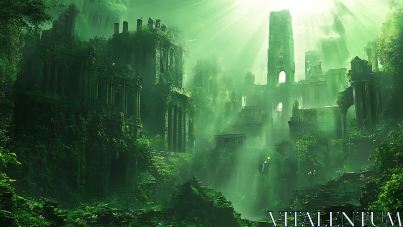 Luminous overgrown ruins in atmospheric digital painting.