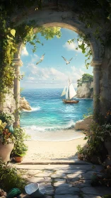 Stone archway quietly frames a sunlit sailboat’s secret cove