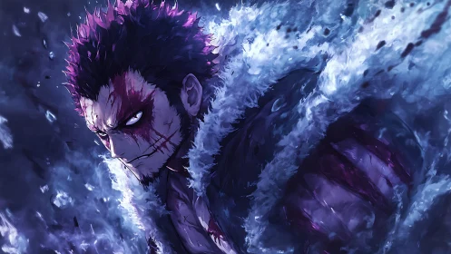 Brooding anime antihero in icy, high-contrast digital painting.