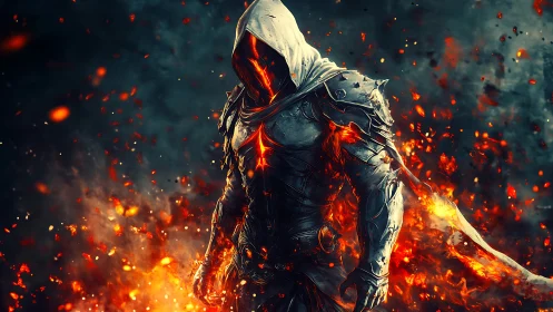 Hooded infernal warrior in molten armor amid dynamic embers.