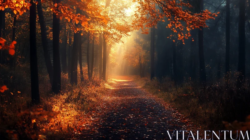 Golden Autumn Forest Path Bathed in Warm Sunlight