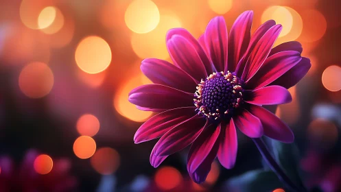 Magenta Gerbera Daisy Against Warm Bokeh Background.