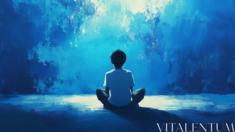 Solitary child seated before expansive abstract blue field.