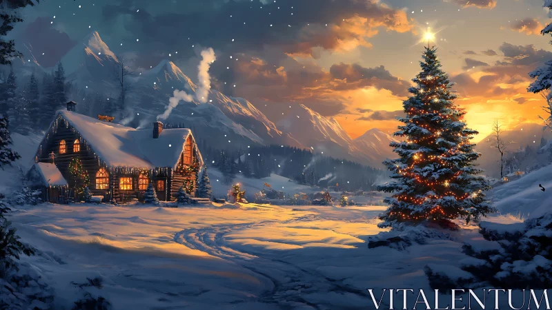 Snow-covered cabin and lit tree in winter mountain valley.