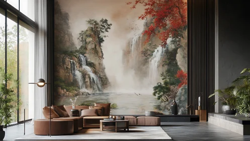 Large interior lounge incorporates mural of waterfall landscape