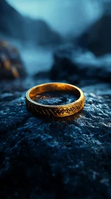Engraved golden ring on wet basalt under cinematic bokeh light.