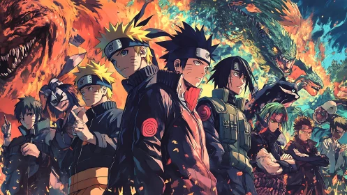 Fiery ninja heroes standing united against roaring beasts.