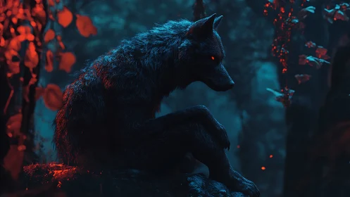 Midnight wolf guardian glowing softly in a dreamlit forest.