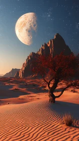 Moonrise over desert dunes and a lonely crimson tree.