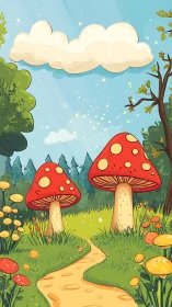 Whimsical red mushrooms line a winding forest path under clouds.