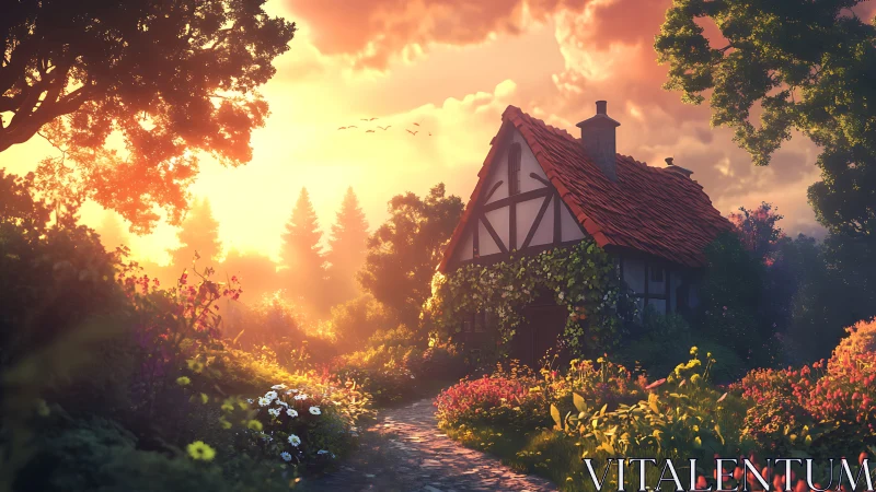 Cottage with garden path under low sun in rural setting.