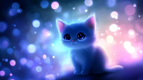 Ethereal Blue Kitten Glowing in Dreamy Bokeh Light.