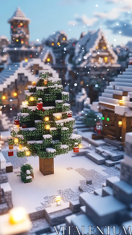 Snowy voxel Christmas tree in illuminated winter village.