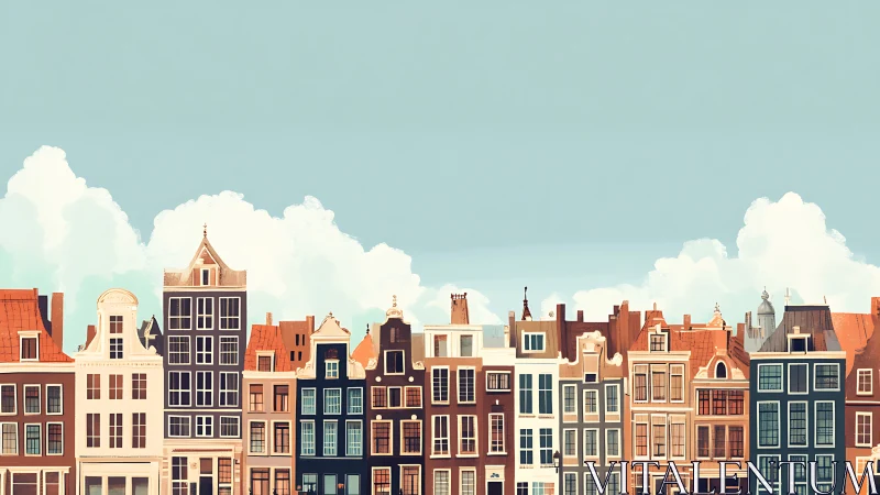 Digital painting of Amsterdam canal houses in pastel daylight.