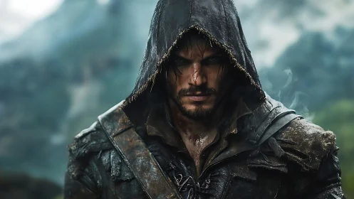 Hooded male figure stands outdoors in wet, worn leather gear