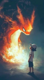 Fiery dragon apparition confronting child in dim misty space