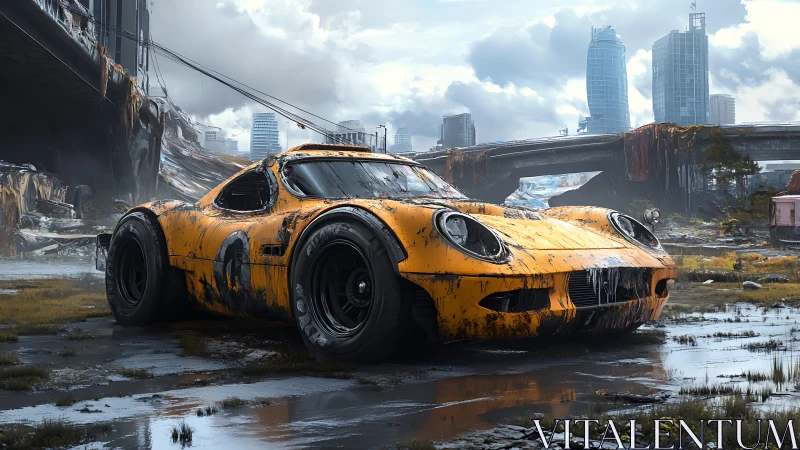 Rust kissed racer dreams beneath a drowned megacity sky.