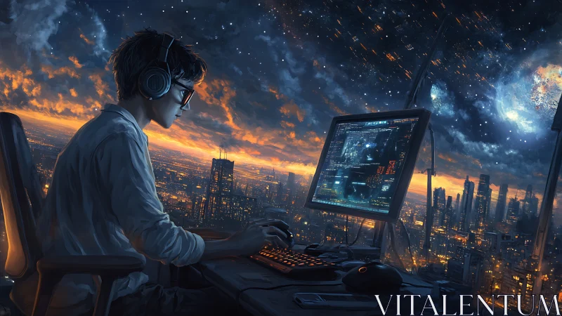 Futuristic coder monitors cosmic cityscape at dusk.