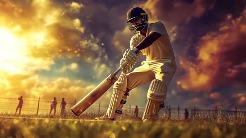 Sunset cricket warrior poised in glowing golden stadium light.