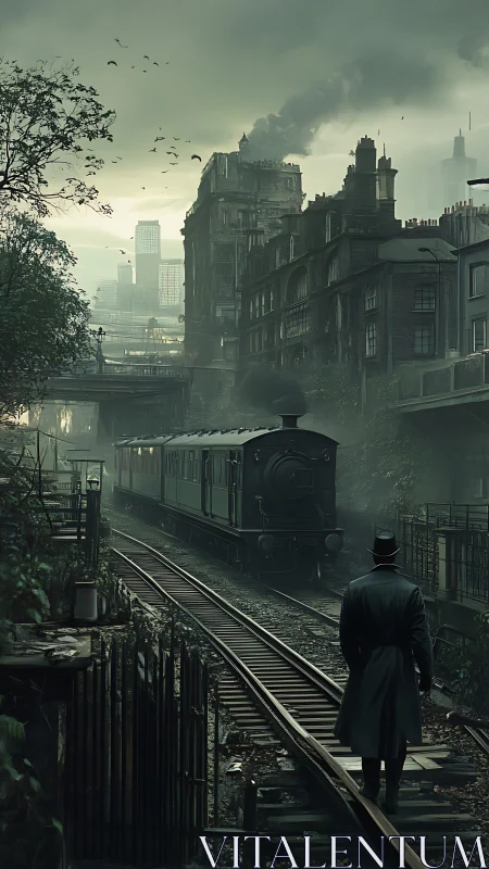 Foggy industrial railway with lone figure observing train