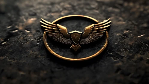 Golden eagle emblem with shield in 3D metallic style on dark stone.