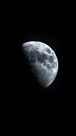 Half-illuminated moon reveals detailed craters in space.