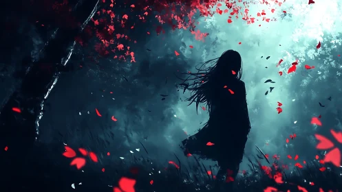 Crimson leaves swirl around a lone girl in a misty forest