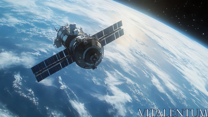 High-orbit communications satellite above cloud-layered Earth