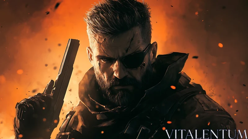 Scarred lone warrior stands firm amid roaring firestorm glow