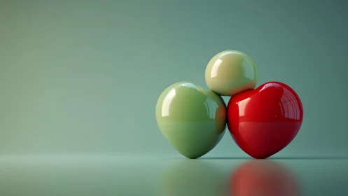 Glossy heart spheres align on soft teal gradient ground.