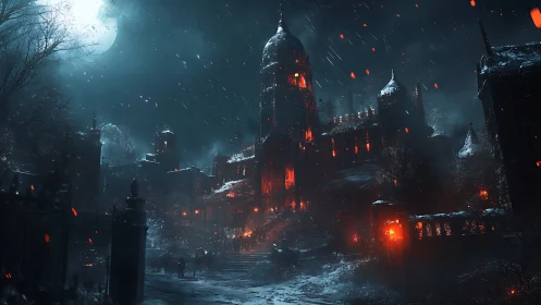 Moonlit Ember Castle In A Snowstorm Of Stories.