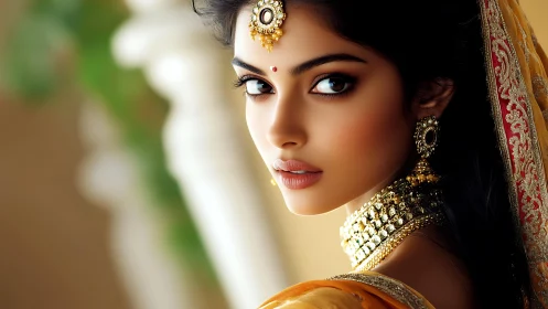 Bridal portrait showcases ornate Indian jewelry glow.