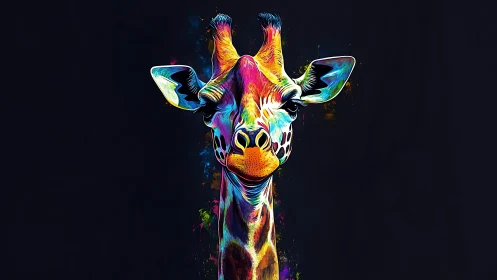 Multicolored giraffe portrait rendered on dark background