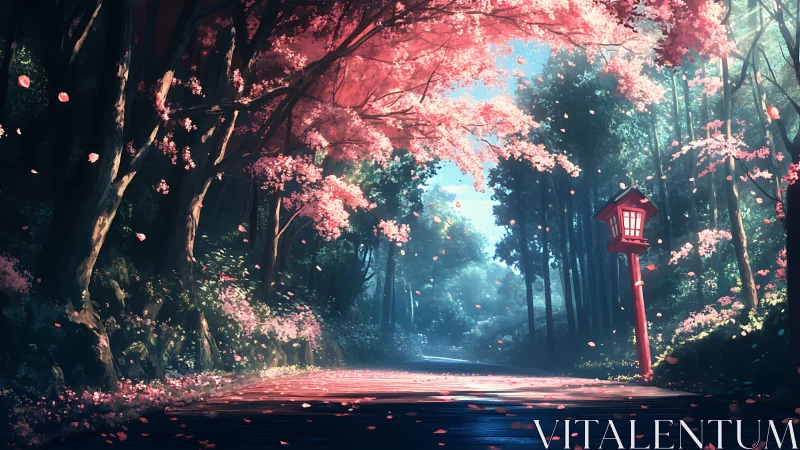 Gentle sakura path glowing with soft morning forest light.